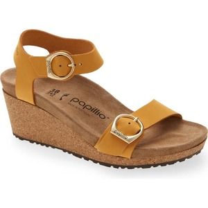 Papillio by Birkenstock Soley Ring Buckle Cork Wedge Yellow Leather Sandals NWT